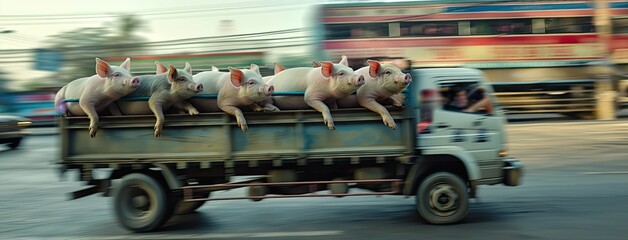 Obraz premium a truck adorned with piggy cages traversing an asphalt road, transporting pigs in car-style compartments during the morning hours.