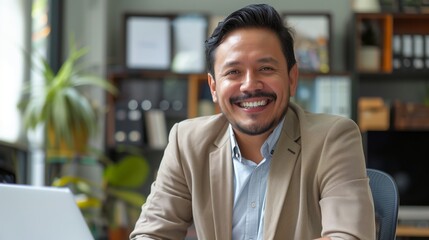 Engrossed in his work, the smiling businessman demonstrates professionalism and commitment at his computer desk.