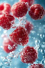 A bundle of ripe raspberries is suspended in clear, sparkling water with bubbles clinging to their textured surfaces. The backdrop radiates a serenely blue tone