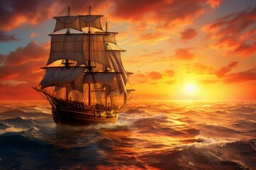 Mystical Ship sails ocean sunset. Nature sun sky travel nature. Generate Ai - obrazy, fototapety, plakaty
