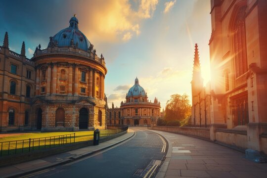 Architectural Attraction. Radcliffe Science Library with Dome Structure Against a Sunset Flare, Building 