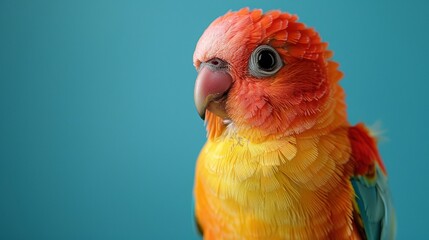 Cute lovebird isolated on a blue background. Copy space.