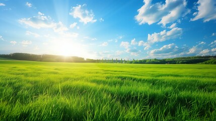 Obraz premium Sunny Green Meadow with Radiant Blue Sky