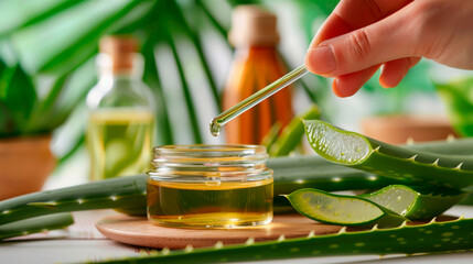Extracting aloe vera essence with a dropper, conveying natural skincare and organic beauty. Cosmetic spa treatments and skin care products. Alloe cure. Banner. Copy space