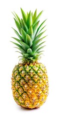 Ripe and Juicy Whole Pineapple Isolated on a White Background with Clipping Path - Fresh Green Leaves - Vertical Orientation
