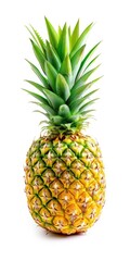 Fototapeta premium Ripe and Juicy Whole Pineapple Isolated on a White Background with Clipping Path - Fresh Green Leaves - Vertical Orientation