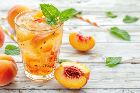 Refreshing Peach Cocktail with Mint on White Wooden Background - A Sweet and Fizzy Summer Drink