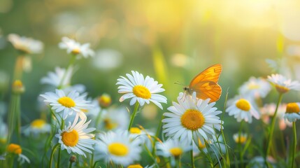 The sun illuminates a floral scene as a butterfly lands delicately on a daisy, creating a serene and enchanting moment.