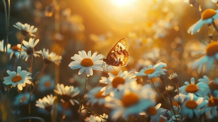 A butterfly gracefully rests on a daisy amidst a sunlit floral scene, adding to the beauty of...