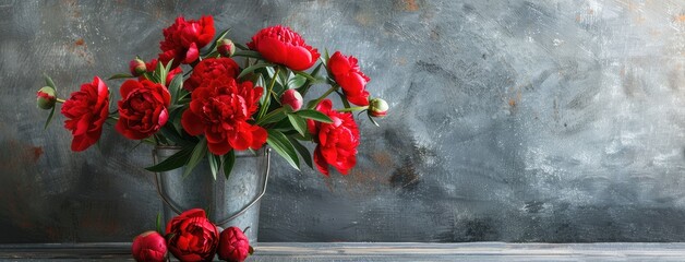 a bouquet of red peonies arranged in an iron bucket, positioned on a table against a serene gray background, leaving ample space for text or additional elements.