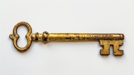 Vintage Gold Key: Old Skeleton Key on White Background, Antique Metal Key for Success