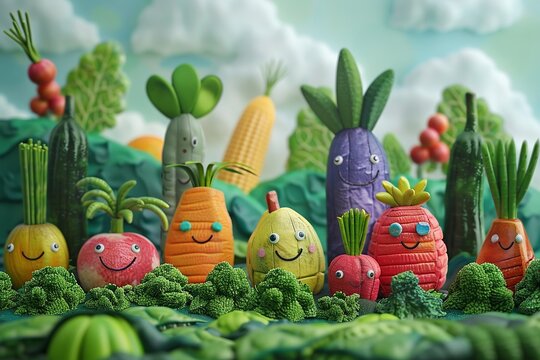 Craft an adorable scene featuring animated vegetable characters in a colorful 3D world viewed from an eye-level angle Ensure the design is whimsical, engaging, and suitable for captivating a young aud