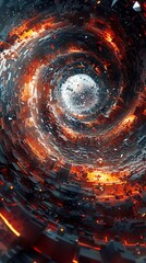 Craft a vivid digital masterpiece depicting a worms-eye view of dynamic 3D polygons converging into a swirling vortex, resembling a gateway to digital dimensions