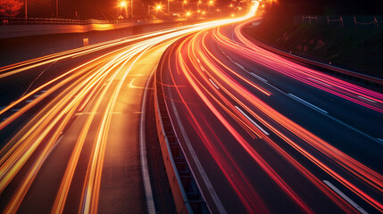 Fototapeta na wymiar High speed light trails in motion, glow lines, Colorful light trails with motion effect. Car high speed light lines, dynamic and high speed, Panoramic high speed technology concept of city highway ,Ai