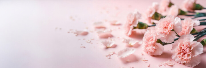 A bouquet of pink carnations with petals scattered on a pink surface, against a textured light pink background.