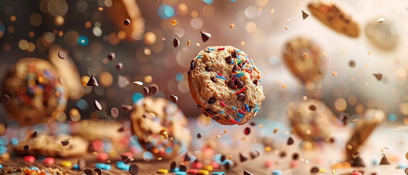 Craft a visually stunning 3D rendering of a variety of cookies in mid-air, surrounded by whimsical sprinkles and chocolate chips, exuding an irresistible aura of sweetness