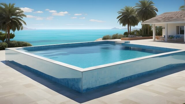  A photorealistic image of a square swimming pool with crystal-clear blue water, set against a transparent background to highlight the pool's features.
