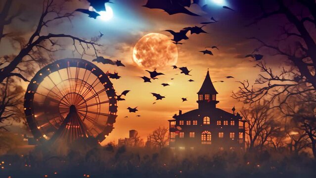 Halloween Scene Painting With Pumpkins and Ferris Wheel, Halloween carnival with ferris wheel and haunted house against a twilight sky