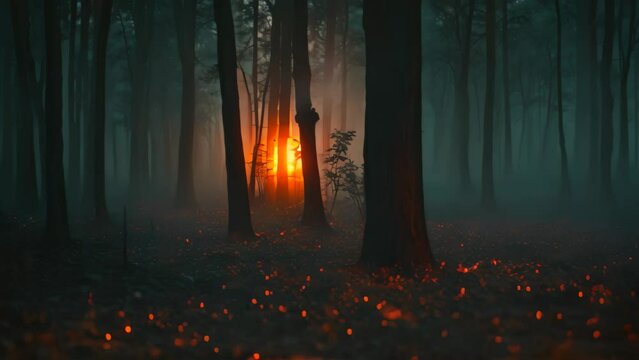 Dense Forest With Abundant Trees at Dusk, Halloween mystery in a dense forest with hidden ghostly figures