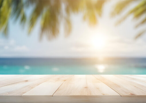 Wood table top on blur sparkling sea water and summer sky background morning