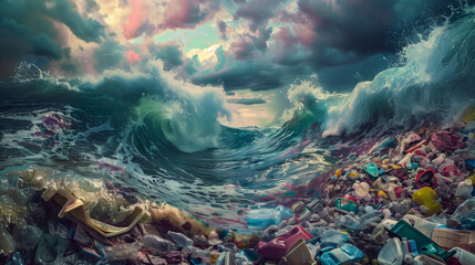 Polluted ocean waves with plastic waste and dramatic sky. Environmental crisis and pollution theme for global action. Artistic representation suitable for design in environmental campaigns, posters. - obrazy, fototapety, plakaty
