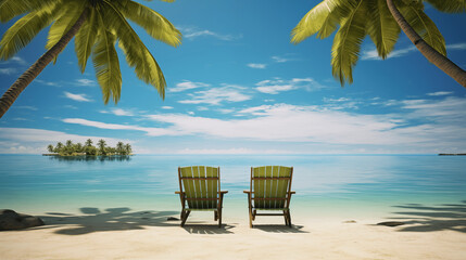Deux transat verts sur une plage paradisiaque. Sable fin, eau bleu turquoise, palmier, ciel bleu. Île, vacances, été, voyage. Pour conception et création graphique. 