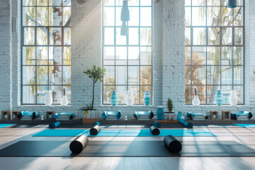 Serene Yoga Studio Ready for Morning Session With Sunlight Streaming Through Large Windows - obrazy, fototapety, plakaty