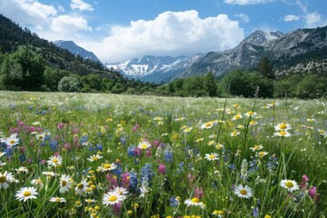 Alpine meadow, wildflowers, mountain backdrop, biodiversity hotspot
