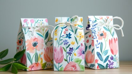 Colorful Floral Gift Bags on Wooden Table