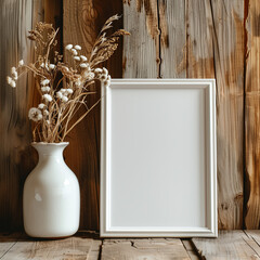 White blank mockup frame on old wooden floor against barn wood planks. Farmhouse interior background design of modern living room. Modern rustic style.