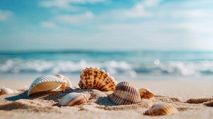 variety of seashells scattered on a sandy beach, a serene scene that captures the essence of the ocean