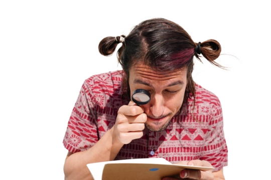 A man over isolated background with a magnifying glass looking at a book - Powered by Adobe