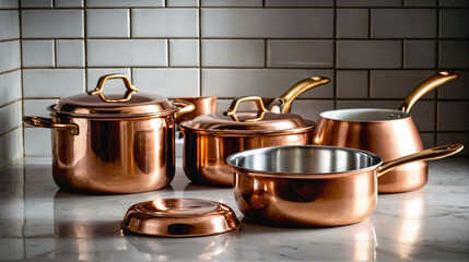 Set of shiny copper pots, pans in white kitchen. Copper cookware and kitchen utensils - obrazy, fototapety, plakaty