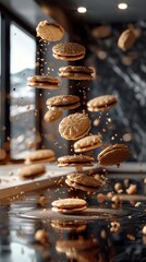 Craft a photorealistic digital illustration showcasing a captivating scene of levitating cookies in glorious detail, emphasizing a sense of wonder and indulgence