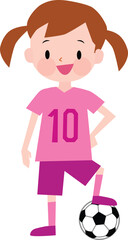Illustration of a girl wearing pink jerseys with a soccer ball. Vector Illustration. Simple, flat, cute.