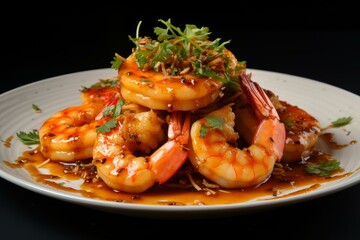 Zesty Shrimp spicy sauce dish. Chinese food. Generate Ai