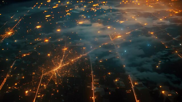 This photo captures a striking view of the Earth at night, showcasing the illuminated landmasses and city lights from space, Industrial pipelines as seen from space