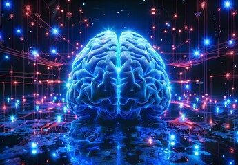 Digital Illustration of the Human Brain front view: Electrical Activity, Flashes, and Lightning on a Blue Background
