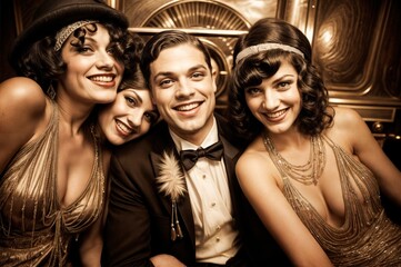 Capturing the Spirit of the Roaring Twenties: Nostalgic Snapshot of Smiling Faces in a Vintage Group Photo.