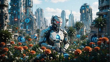 Otherworldly, extra-terrestrial gardener tends to a flourishing garden, with a backdrop of a futuristic cityscape, blending nature and technology harmoniously.