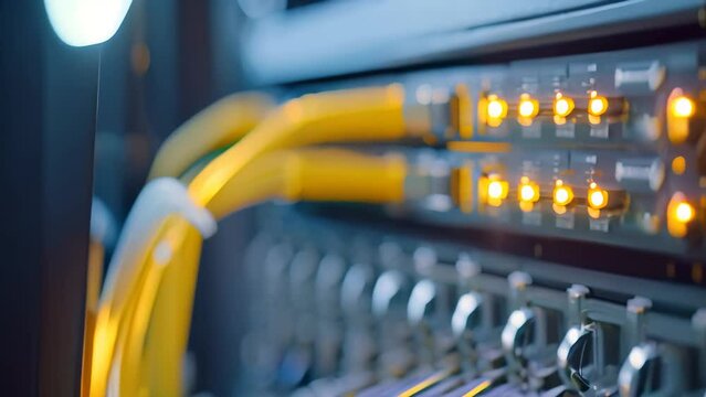 A close up view of a yellow cable securely connected to a server, providing reliable connectivity, Internet cables and servers in a modern, clean design