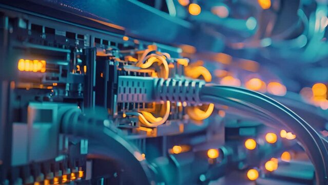 A multitude of wires intricately connected to various computer devices, forming a complex network, Internet cables and servers in a modern, clean design