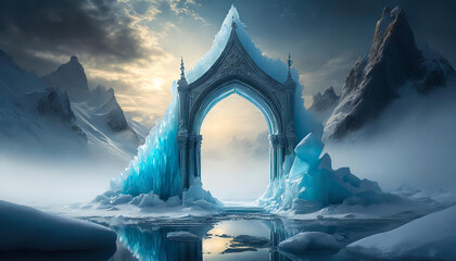 Portal to mystical ice kingdom. Frozen gateway. Beautiful landscape. Winter scenery.