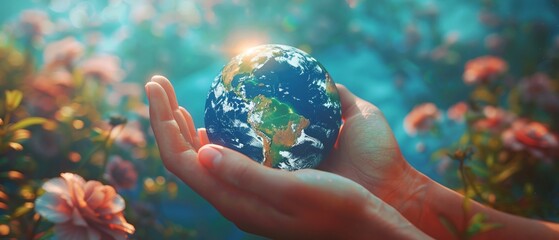 Craft a digital photorealistic image depicting two hands gently holding a tiny Earth on a strikingly vibrant blue backdrop, emphasizing the fragility and importance of our planet - obrazy, fototapety, plakaty