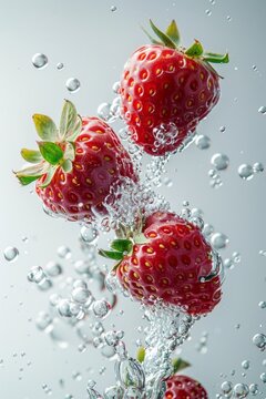 Three ripe strawberries with vibrant green leaves are suspended in crystal-clear sparkling water, with bubbles surrounding them
