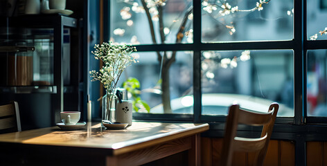 Minimalist cafe interior with tables and chairs near the window. Concept of dining, breakfast, brunch, or lunch in modern restaurant