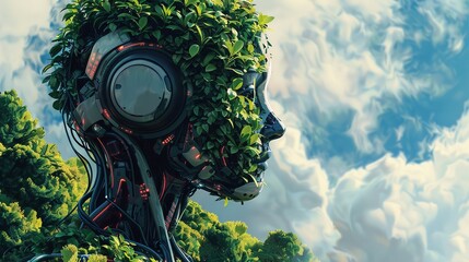 Craft a detailed traditional art piece depicting a side view of an AI entity envisioning a landscape filled with verdant greenery, symbolizing a harmonious blend of technology and environmental consci - obrazy, fototapety, plakaty
