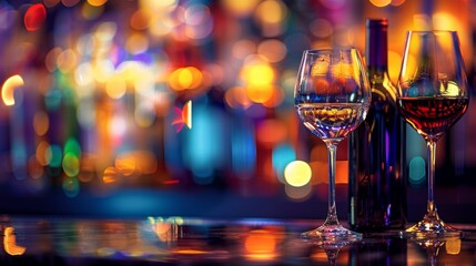 Four elegant wine glasses, each filled with different types of wine, arranged neatly on a bar top. The background showcases a vibrant, blurred ambiance of lights reflecting the nightlife atmosphere.