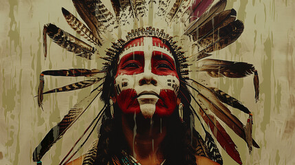 Painted indigenous person with headdress against a textured background. Pride, Empowerment and Cultural Significance