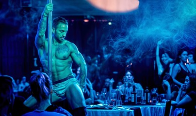 Sensual Spectacle: Man's Exhilarating Pole Dance Performance at Nightclub Party.